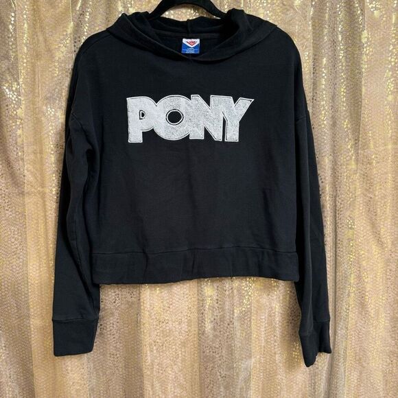 PONY Womens Black Cropped Hooded Pullover Sweater Large - Picture 1 of 4